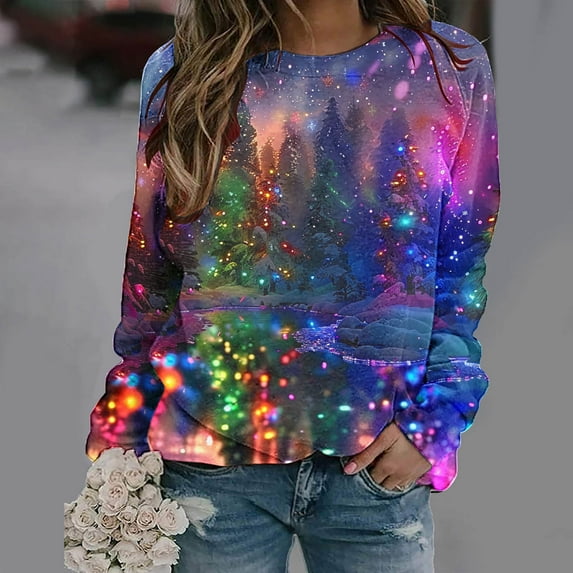 Fznquz Womens Long Sleeve T Shirts Christmas Graphic Oversized Tops Plus Size Multicolor Casual Fashion for Women 2025