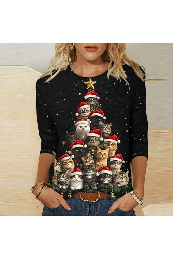 Womens Oversized Tee Shirts Crew Neck Christmas Winter Tees 3/4 Sleeve Cute Graphic Cat Fashion,XL