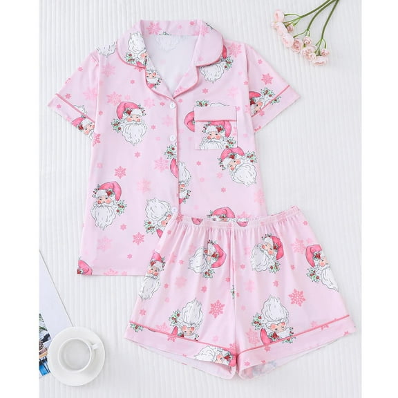 Fznquz Womens Pajamas Soft Christmas Cute Silk Pjs Xmas Printed Short Sleeve Shirts Shorts Cozy Comfy Pjama Set Womens