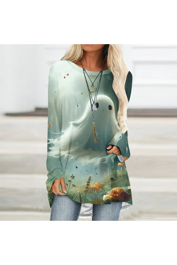 Womens Plus Size Blouses Tunic Crewneck Halloween Tops Graphic Cute Long Sleeve Women Clothes