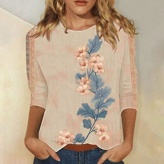 Fznquz Womens Shirts Pink Y2K Spring Fall Floral Shirts 3/4 Sleeve Trendy Dressy Casual Womens Tops M