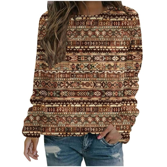 Fznquz Womens Shirts Plus Size Long Sleeve Pullover Sweatshirts Aztec Casual Spring Crewneck Womens Blouse