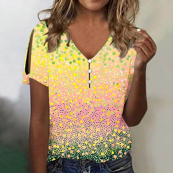 Fznquz Womens Short Sleeve Tops Casual Trendy Graphic Tees V Neck Summer Yellow Floral Print Womens Tshirts