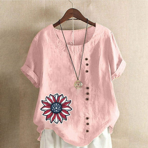 Fznquz Womens Short Sleeve Tops Spring Summer July 4th Shirt Pink Casual Button Patriotic Crew Neck T Shirts for Women