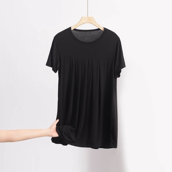 Fznquz Womens Spring Tops Plus Size Plain Short Sleeve Shirt Summer Crew Neck Black 2025 Blouses Women