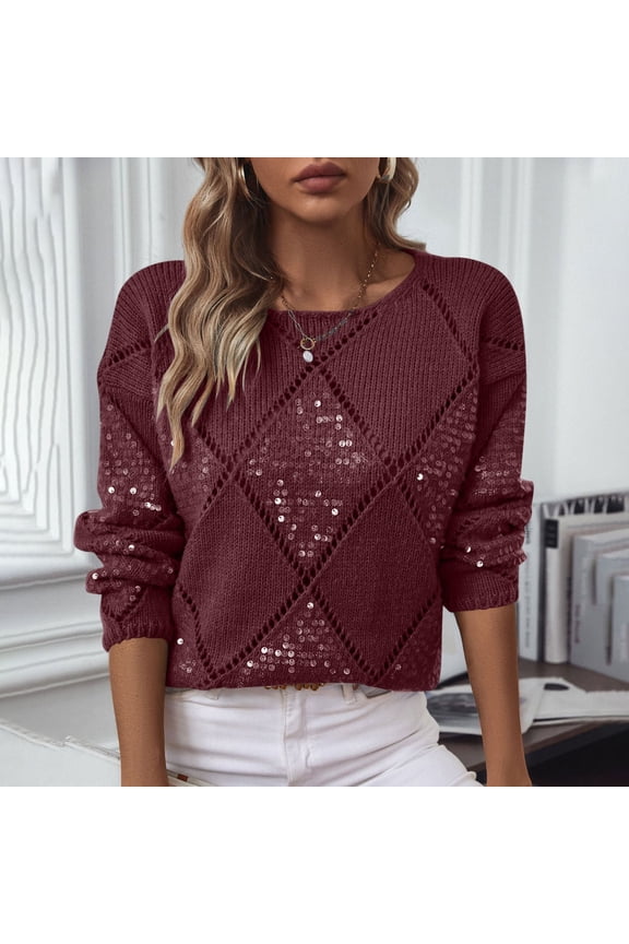 Womens Sweaters Dressy Casual Pullover Cotton Sweater Red Sequin Long Sleeve Knitted Soft Womens Blouses
