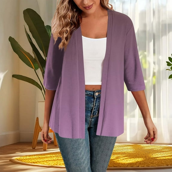 Fznquz Womens Sweaters Lightweight Open Front Purple Cardigan Sweaters V Neck 2025 Casual Cover Up