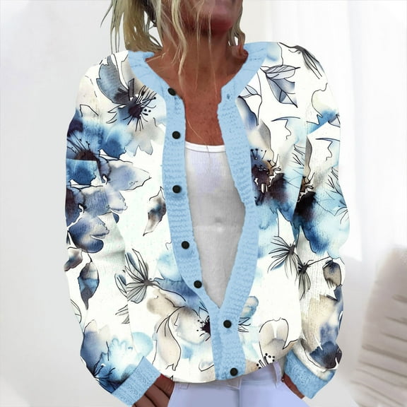 Fznquz Womens Sweaters and Cardigans Long Sleeve Knitted Sweater Fall Winter Multicolor Floral Cover Up