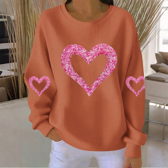 Fznquz Womens Sweatshirts Valentines Day Loose Sweatshirts Plus Size Love Heart Print Cute Orange 2026 Tops Women M