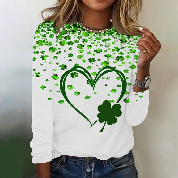 Fznquz Womens T-Shirt Green Crewneck St Patricks Day Long Sleeve Shirt Shamrock Heart Print Clover Blouse Women