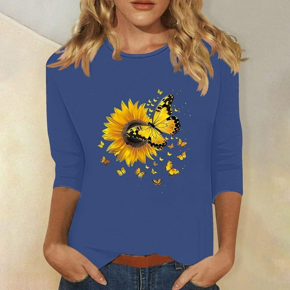 Fznquz Womens T Shirts 3/4 Sleeve Floral Blue Crew Neck Tees Soft Casual Spring Summer Women's Fashion XXXL