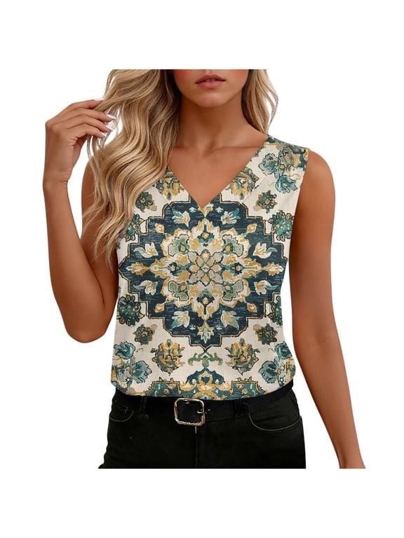 Womens Tank Top Plus Size Satin Casual White Blouses Aztec Print Trendy V Neck Tank Tops