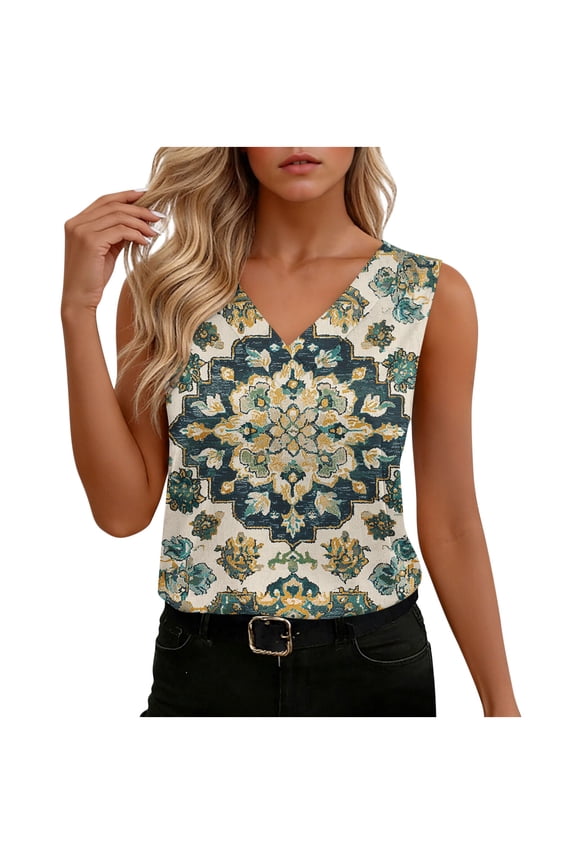 Womens Tank Top Plus Size Satin Casual White Blouses Aztec Print Trendy V Neck Tank Tops