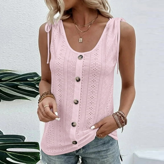 Fznquz Womens Tank Tops Hollow Out Button up Side Tie Loose Solid Blouse Fashion Pink Womens Tanks