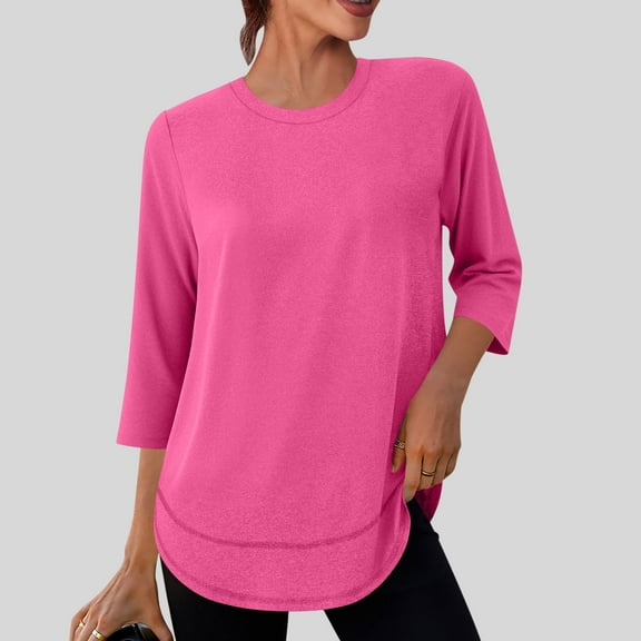 Fznquz Womens Tees Tunic Pink Loose Fit 3/4 Length Sleeve Shirt Crewneck Casual Plain Fall Clothing,L