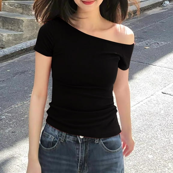 Fznquz Womens Tops Casual Plain One Shoulder Short Sleeve Shirts Summer Dressy Black Shirts