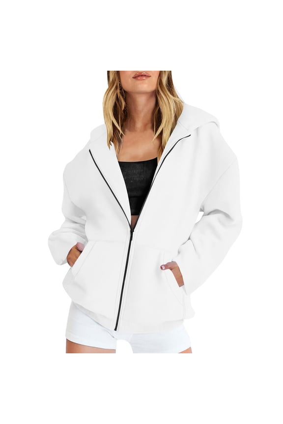 Womens Tops Casual Zip Up Fashion Plain White Hoodies Trendy Fall Crewneck Womens Clothes