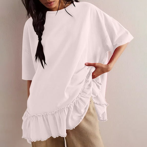 Fznquz Womens Tops Casual White Tunic Elbow Length T Shirts for Women Peplum Summer Crew Neck Womens Blouses Dressy Casual