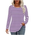 thumbnail image 1 of Fznquz Womens Tops Striped Long Sleeve Tunic Purple Blouse Crewneck Comfy Loose Fit Fall Shirts for Women, 1 of 6