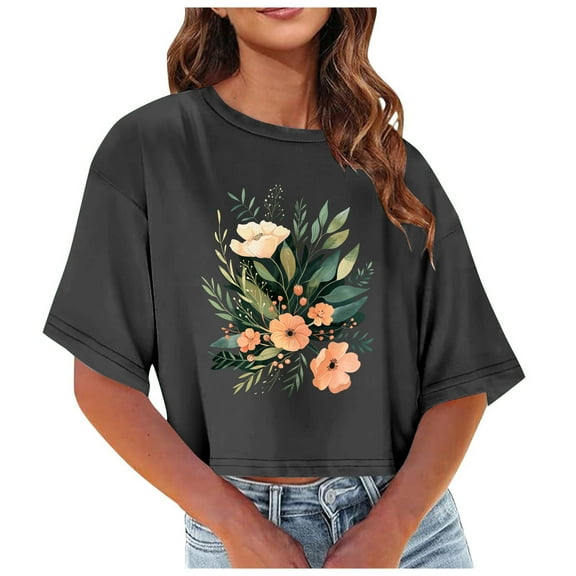 Fznquz Womens Tops Under $10 Black Short Sleeve Crop Casual Shirts Floral Crew Neck Sexy Blouses for Women $5