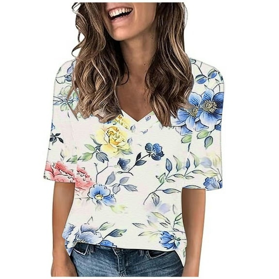 Fznquz Womens Tops Under $10 Blue Tunic Elbow Length Casual Shirt V Neck Summer Floral Womens Blouses