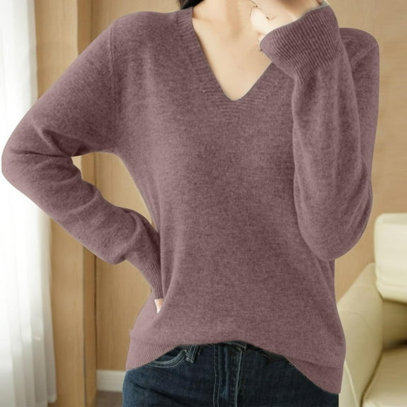 Fznquz Womens Tops Plain Knit Purple Long Sleeve Sweaters V Neck Casual Fall Womens T Shirts