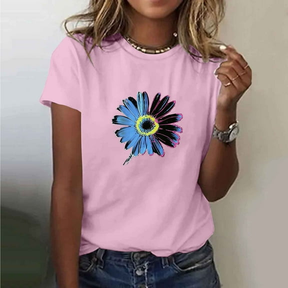 Fznquz Womens Tops Plus Size Casual Short Sleeve Shirts Crew Neck 2025 Pink Graphic Print Womens Summer Blouses