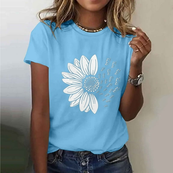 Fznquz Womens Tops Summer 2025 Short Sleeve Shirts Crew Neck Casual Graphic Print Blue Womens Shirts