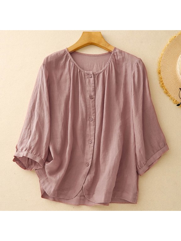 Womens Tops Summer Cotton Linen 3/4 Sleeve Button Down Shirt Pink Spring Plain Womens Blouses Dressy Casual