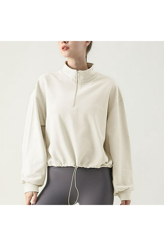 Womens Tops Trendy Long Sleeve White Plain Tops Casual Half Zip Pullover Womens Fashion Tops