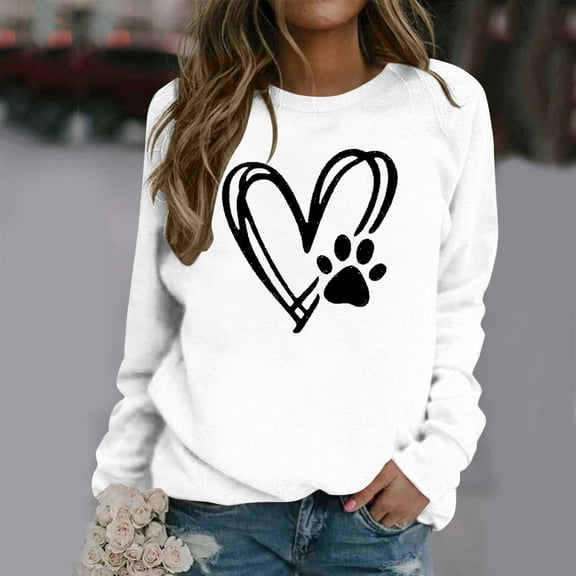 Fznquz Womens Tops White Fall Winter Loose Fitting Long Sleeve Sweatshirts Crewneck Casual Dog Paw Print Work Blouses for Women