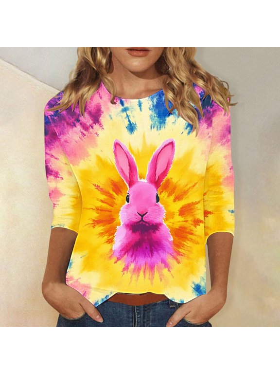 Womens Tshirts Bunny Tie Dye Easter Tops Loose Rabbit 3/4 Sleeve Womens Clothes XXXL