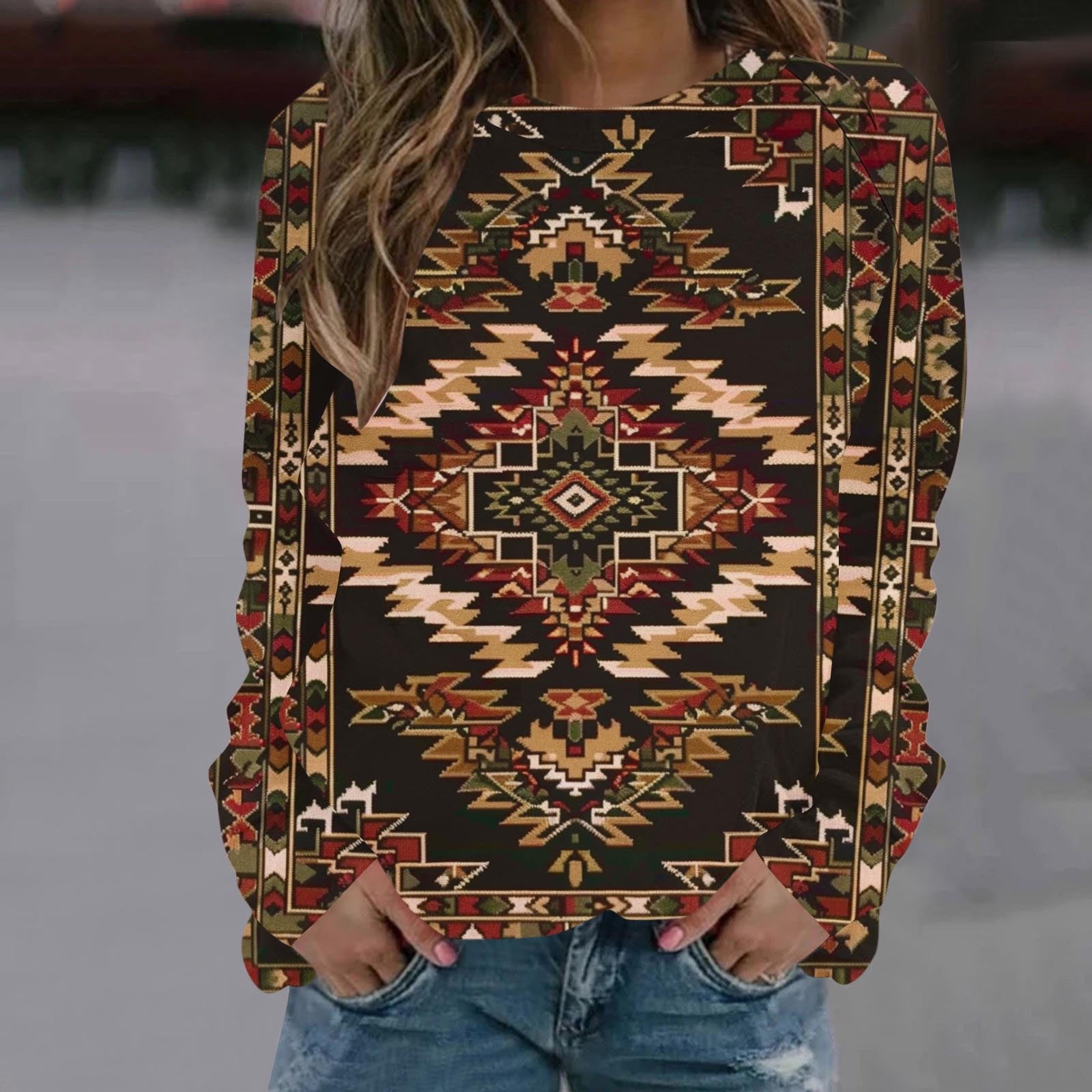 Fznquz Womens Western Tops 2024 Brown Long Sleeve Graphic Tee Aztec Cow