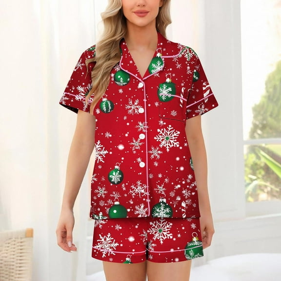 Fznquz Womens Winter Pajamas Soft Christmas Button Up Loungewear 2 Piece Xmas Comfy Matching Lounge Sets Women