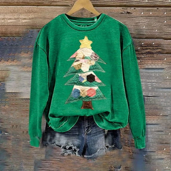 Fznquz Womens Work Blouses Christmas Fall Crewneck Sweatshirt Long Sleeve Green Graphic Winter Trendy Fashion Women