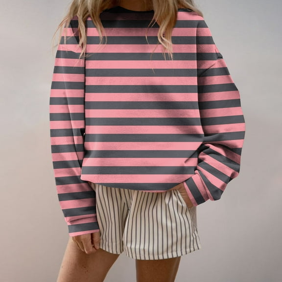 Fznquz Womens Work Tops Crewneck Pink Striped Trendy Sweatshirt Long Sleeve No Hood 2025 Women's Tee Shirts