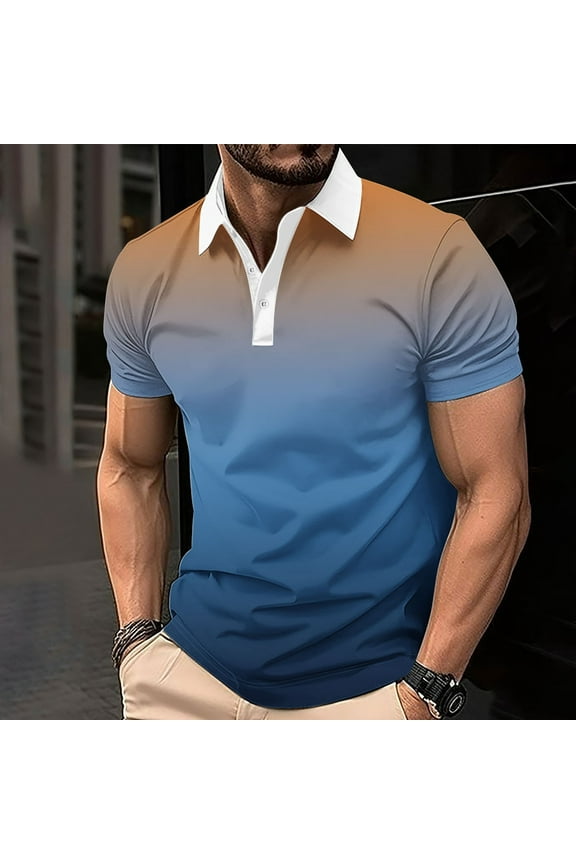 Work T Shirts for Man Blue Dress Polo Button Casual Gradient Mens T-Shirts XXL