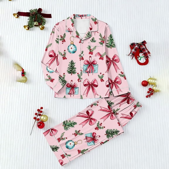 Fznquz Xmas Womens Christmas Pajamas Winter Button Up Sleepwear 2 Piece Long Sleeve Cozy Collared Pj Sets