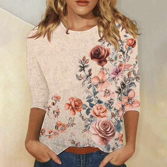 Fznquz Y2K Tshirts Women Pink Floral Summer Shirts Dressy Casual Comfy 3/4 Sleeve Women's Tops XL