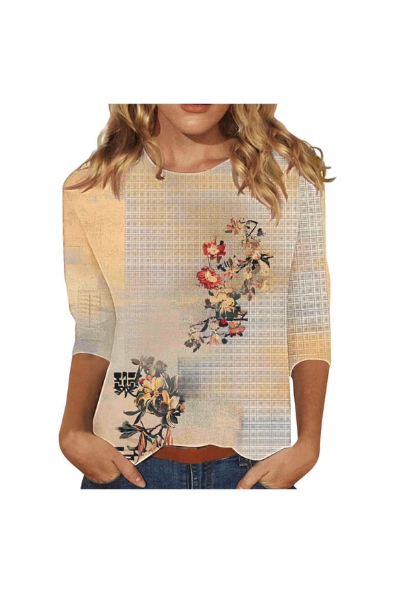 Y2K Women Blouses Spring Fall Floral Yellow Shirts Loose Fit Dressy Casual 3/4 Sleeve Women's Tops XXXL