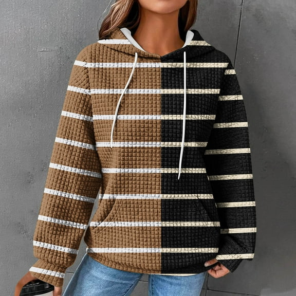 Fznquz Yellow Hoodies for Women Long Sleeve Winter Trendy Sweatshirt Striped Casual Color Block Pullover
