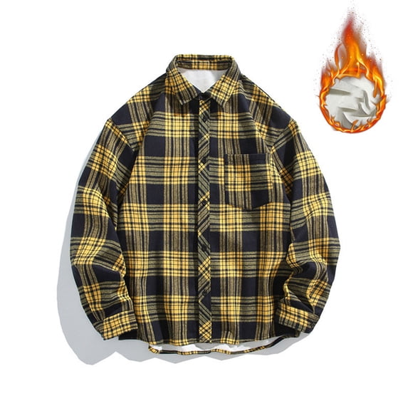 Fznquz Yellow Mens Button Up Shirt Fleece Plaid Flannel Shirt Pocket Button Down Long Sleeve Men Clothes