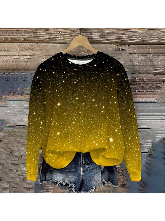 Yellow Plus Size Women Blouses Crewneck Winter Pullover Shirt Gradient Long Sleeve Shirts Women