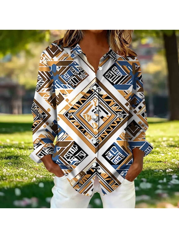 Yellow Plus Size Womens Tops Aztec Collared Button Down Shirts Western Casual Lightweight Long Sleeve Winter Clothing,XXXXL