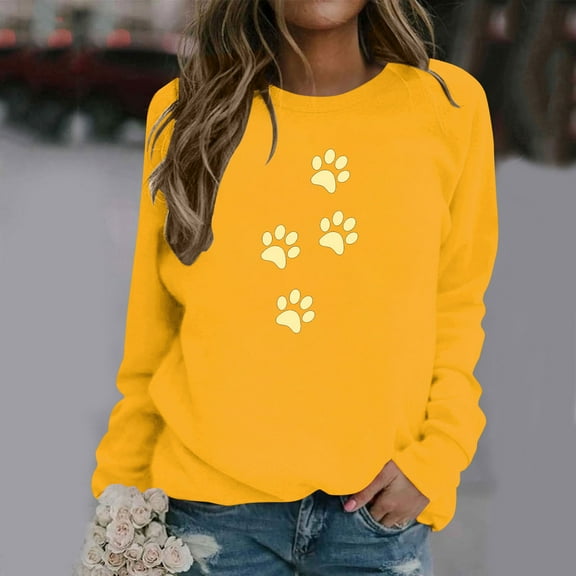 Fznquz Yellow Shirts for Women Long Sleeve Fall Winter Loose Fitting Sweatshirts Crewneck Dog Paw Print Casual Women Blouse