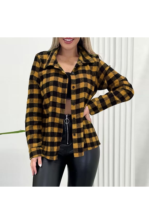 Yellow Womens Tops Flannel Button Down Casual Shirt Button Up Plaid Lightweight Tees for Women