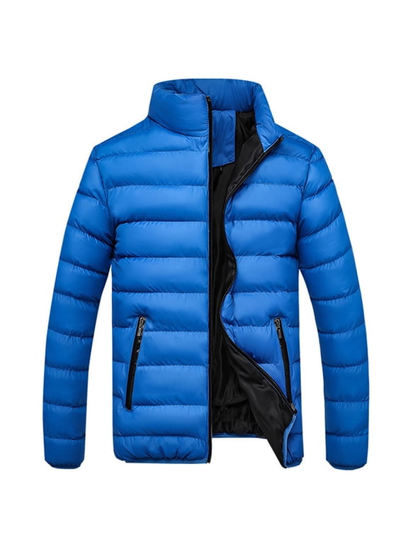 Zip Up Mens Jacket Big and Tall Blue Puffer Cotton Jacket Quilted Warm Heavy Man Coat for Winter