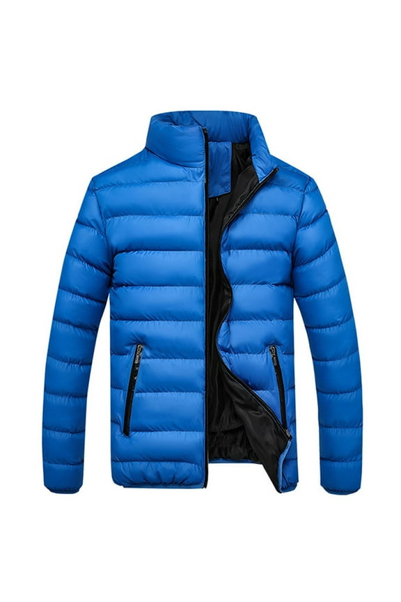 Zip Up Mens Jacket Big and Tall Blue Puffer Cotton Jacket Quilted Warm Heavy Man Coat for Winter