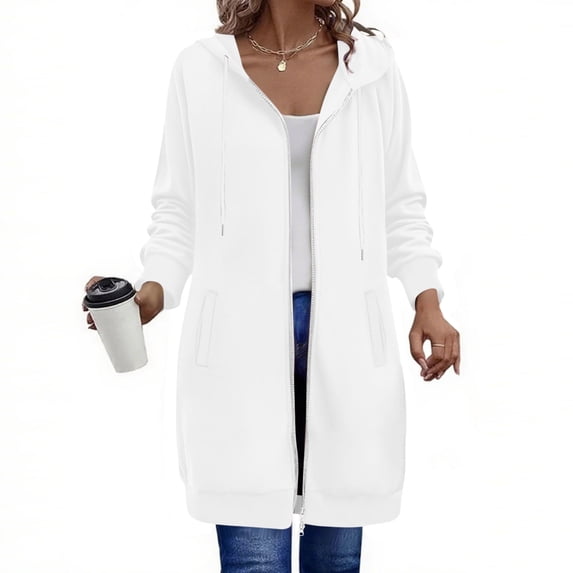 Fznquz Zip Up Women Blouses Plain Dressy Casual Long Jacket Hooded Long Sleeve Pockets Loose White Woman Shirts