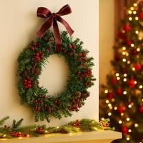 Fzsteel 12.6 Inch Artificial Christmas Wreath with Red Berries & Hazelnuts, Winter Holiday Front Door Wall Decor, Pre-Tied Bow Durable Plastic Garland